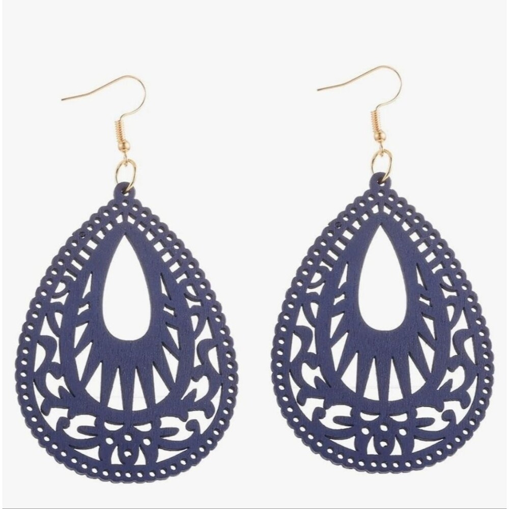 Blue Bohemian Geometric hollowed Wood Earrings for Women tear Natural